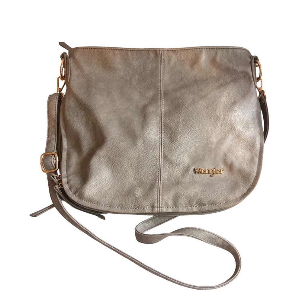 Wrangler Metallic Grey Faux Leather Crossbody Hobo Bag Gold Hardware Western